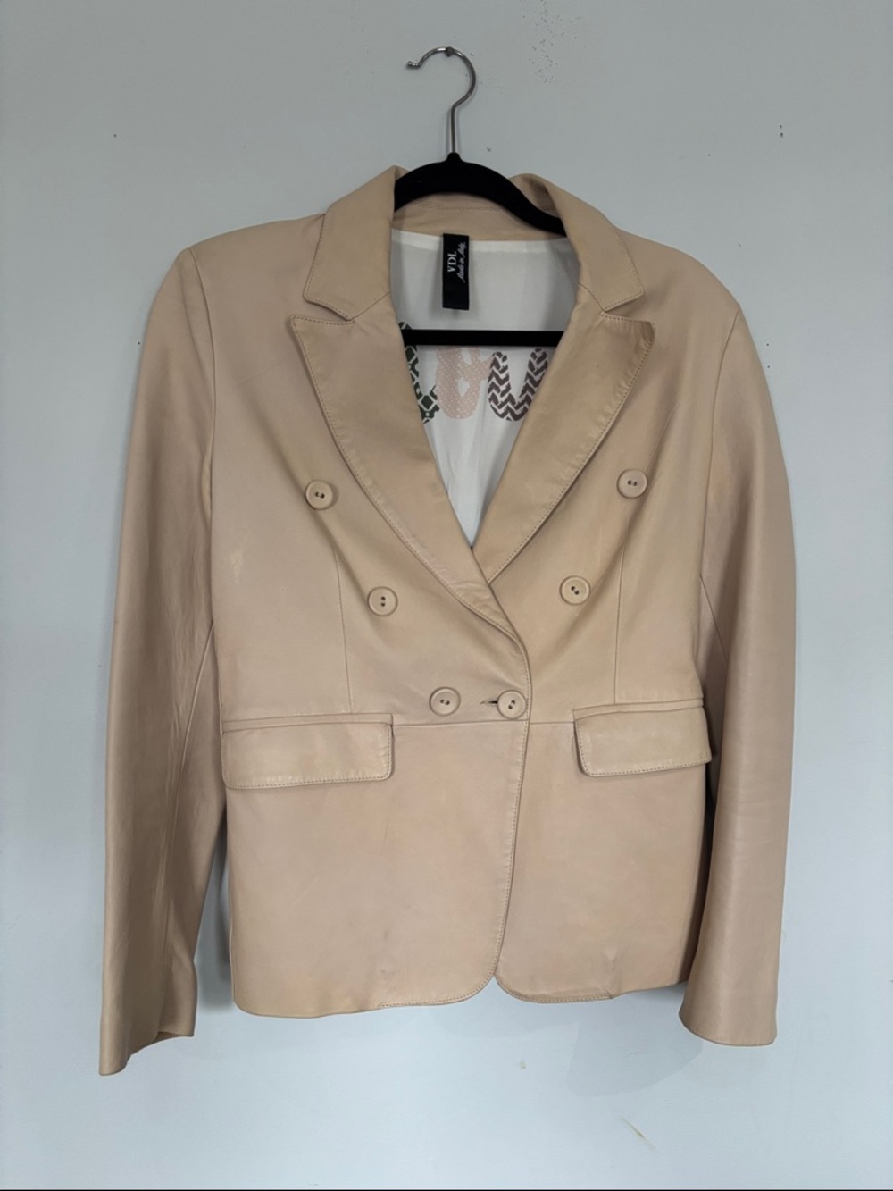Women's Beige Double-Breasted Leather Blazer